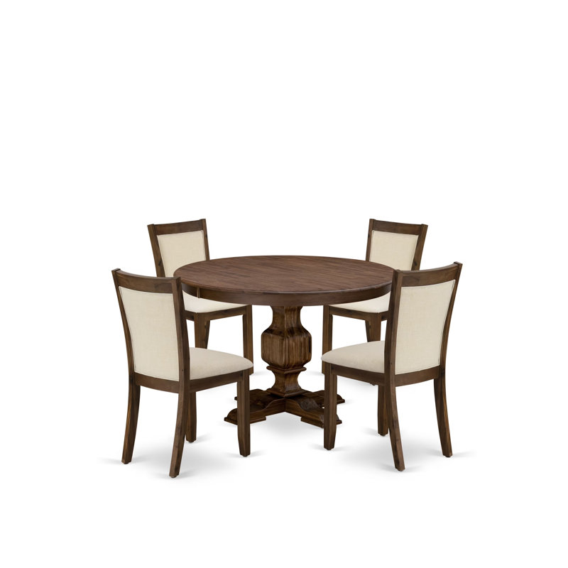 L'ensemble de table de salle à manger 5 pièces pour 4 personnes comprend une table ronde en bois avec piédestal et 4 chaises Parson en tissu de lin beige clair, noyer antique sablé