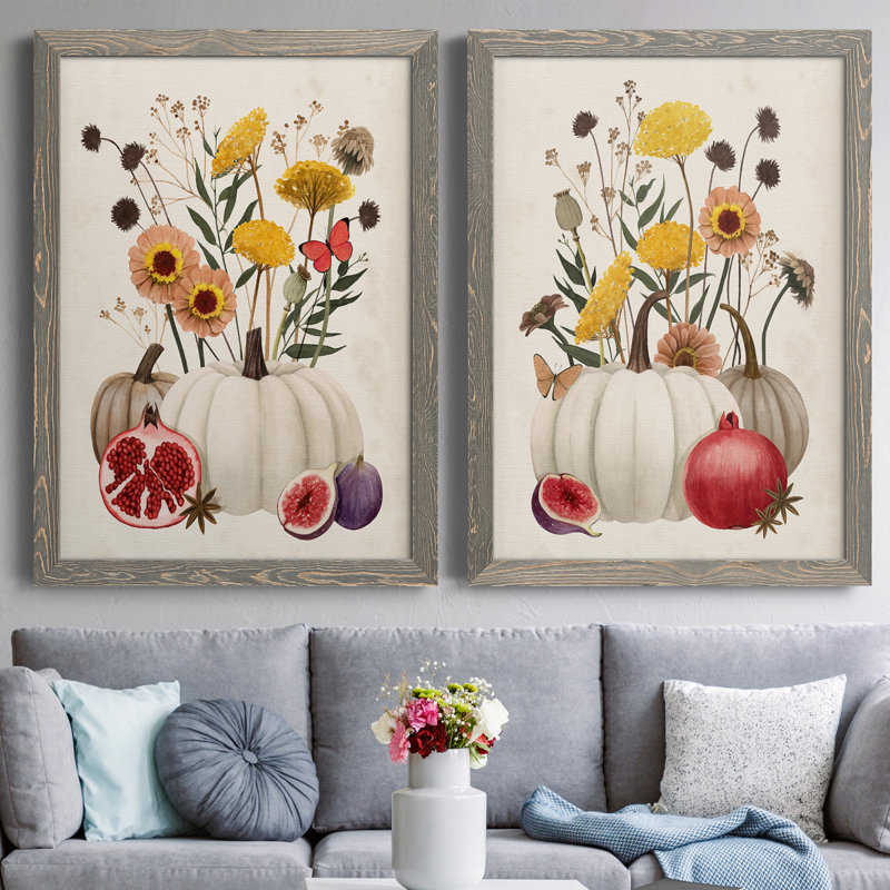 «Fall Botanicals I», ensemble de 2 peintures sur toile encadrées, Encadré gris, H 20 po x l 34 po x P 1,5 po