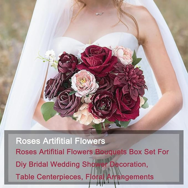 Ensemble de boîte à fleurs artificielles roses, roses en soie avec tige, ensemble de bouquet de fleurs simulé pour bricolage, bouquet de fleurs, fête de mariage, décoration intérieure