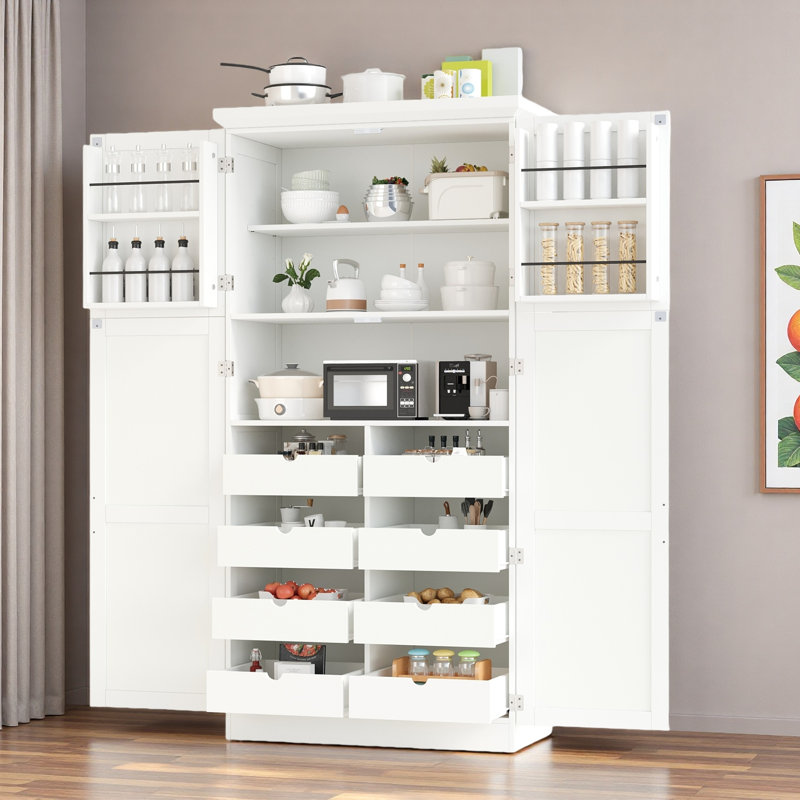 Armoire de cuisine autoportante avec 4 portes, 2 tablettes de porte, 8 plateaux coulissants et une tablette réglable, Blanc