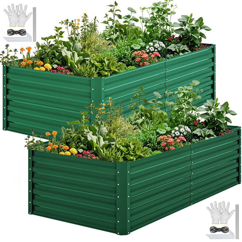 Set of 2 Metal Raised Garden Bed, 180x90x54cm, 58cm H x 240cm W x 120cm D, Green