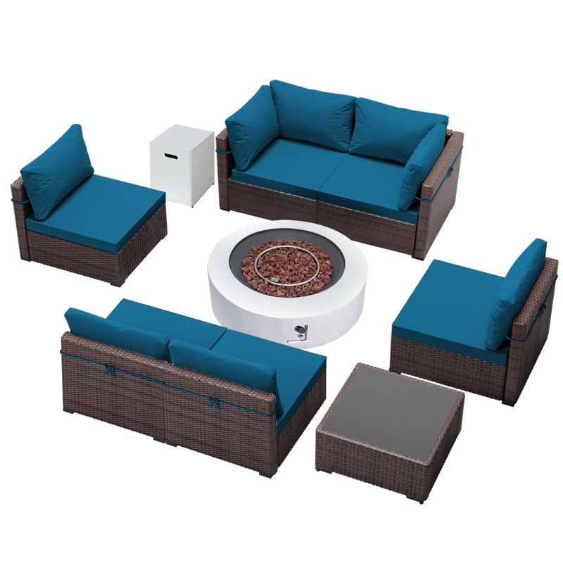 Ensemble de conversation 9 pièces pour terrasse en rotin avec foyer extérieur de 42 pouces et coussin de siège confortable