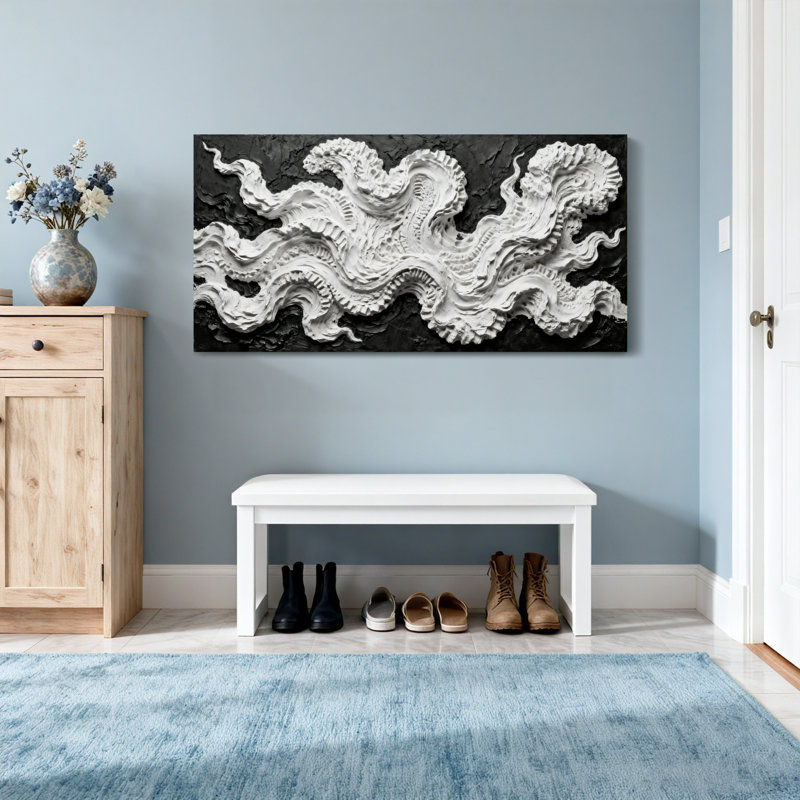 Vagues blanches abstraites sur fond noir, H 28 po x l 58 po