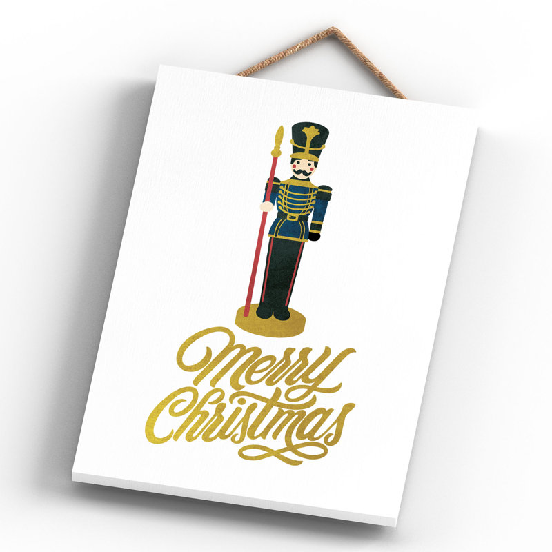Xmas Merry Christmas Nutcracker Wooden Plaque, 28.5cm H x 18.5cm W x 0.9cm D, White/Yellow