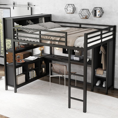 Metal Loft Bed with Wardrobe, L-Shaped Desk & Storage, Heavy Duty Frame for Kids & Teens, Black by Ivy Bronx