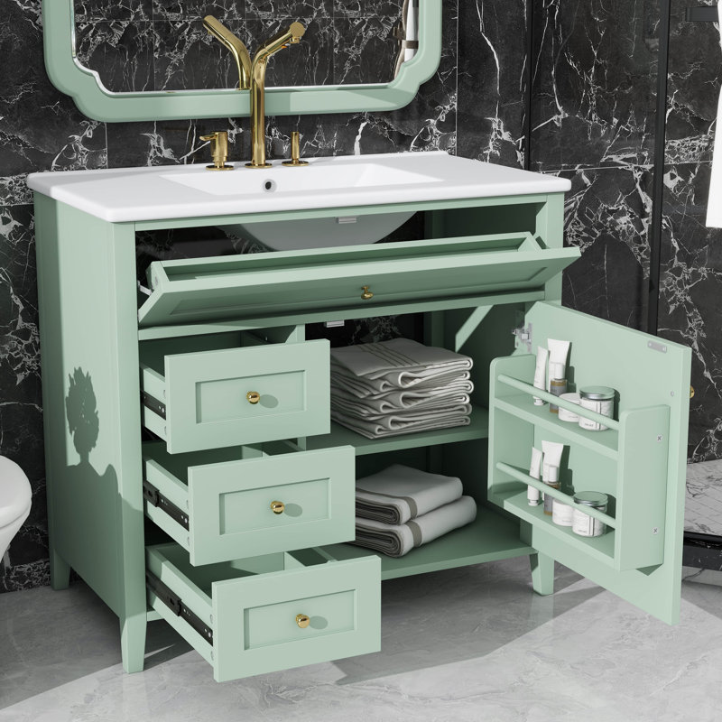 Meuble-lavabo de 36 pouces, lavabo en céramique, 3 tiroirs, tablette réglable et panneau de fibres à densité moyenne / fabrication en bois d'hévéa - solution de rangement élégante