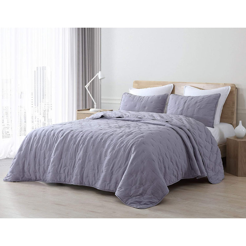 Marie Soft Washed Microfiber Line Stitch Quilt Set, King Quilt + 2 Shams, Light Gray