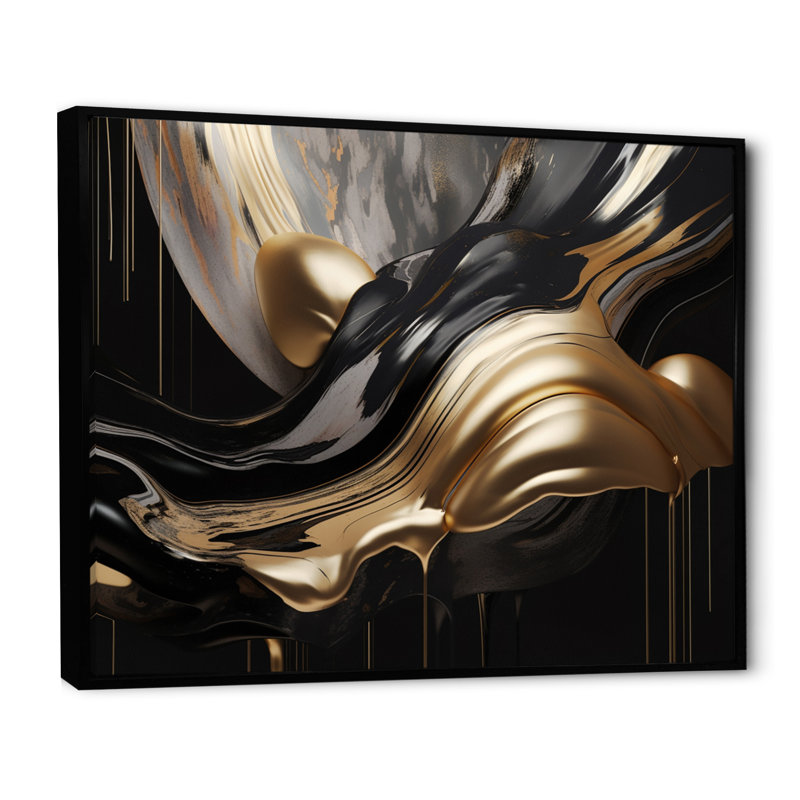 Marbre captivant doré et noir II - art abstrait sur toile marbrée, H 30 po x l 40 po, Reproduction avec cadre flottant, Noir