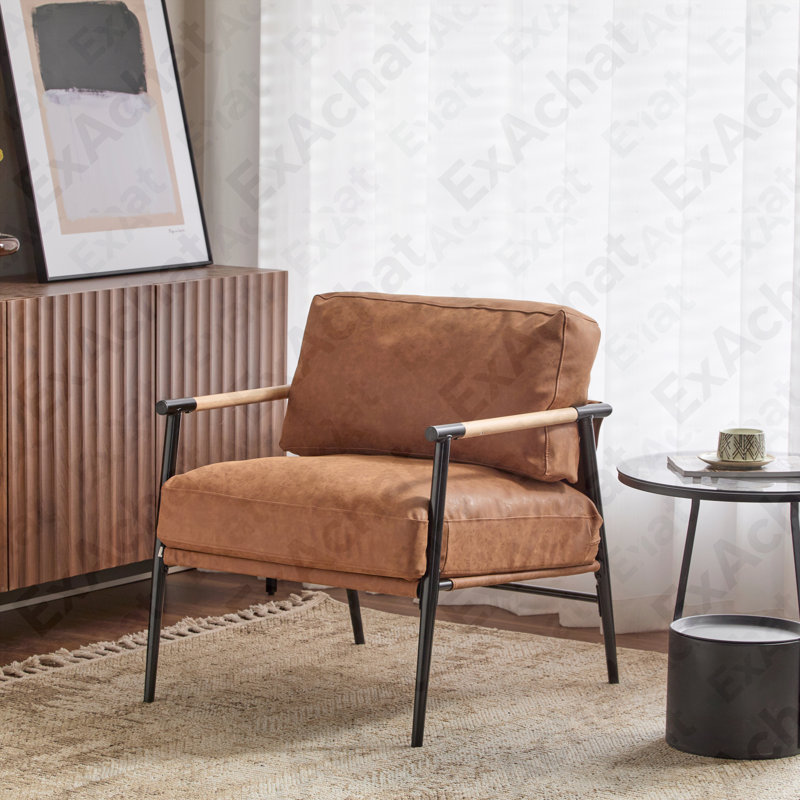 Chaise d'appoint moderne de 27,56 po avec coussins moelleux, structure en métal minimaliste et accoudoirs en bois - parfaite pour un salon confortable, une chambre à coucher ou un siège de bureau