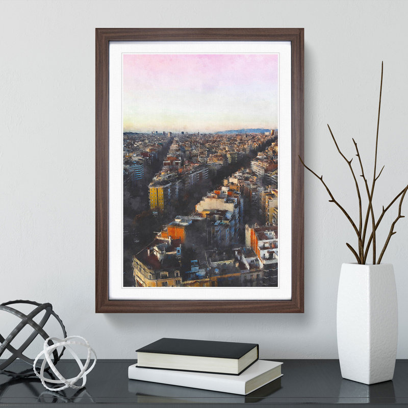 View of Barcelona in Spain - Picture Frame Painting Print, 87cm H x 62cm W x 2cm D, Walnut Framed