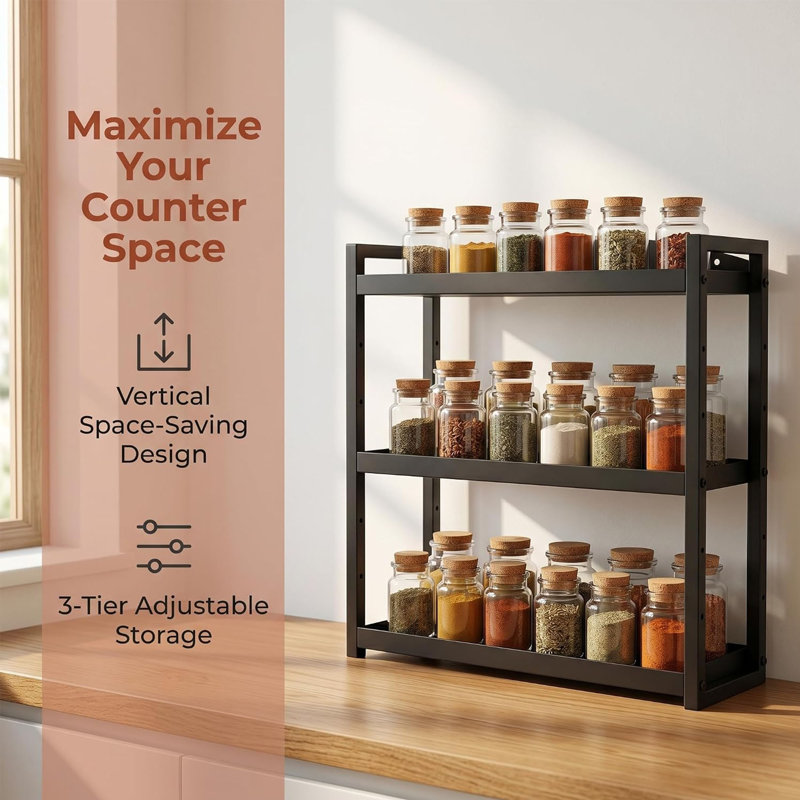 3-Tier Adjustable Wall Mount Spice Rack, Black