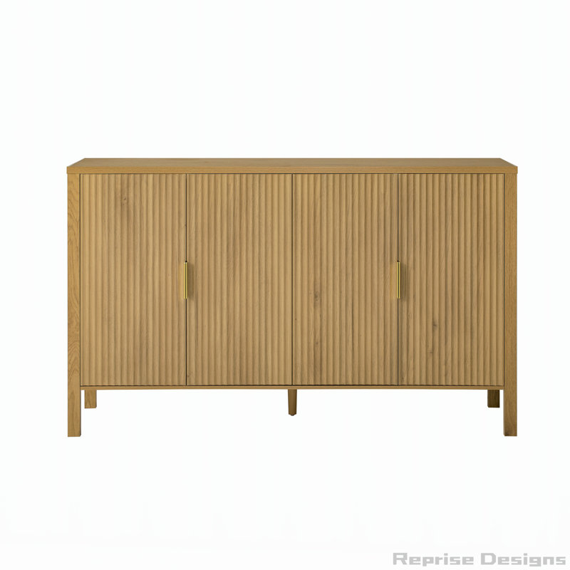 U_STYLE Modern 57.5" Stripe Door Storage Cabinet, 4-Door Sideboard with Back-of-Door Storage Racks & Side Hooks, Adjustable Shelves, MDF Cabinet with Aluminum Handles for Living Room, Dining Room