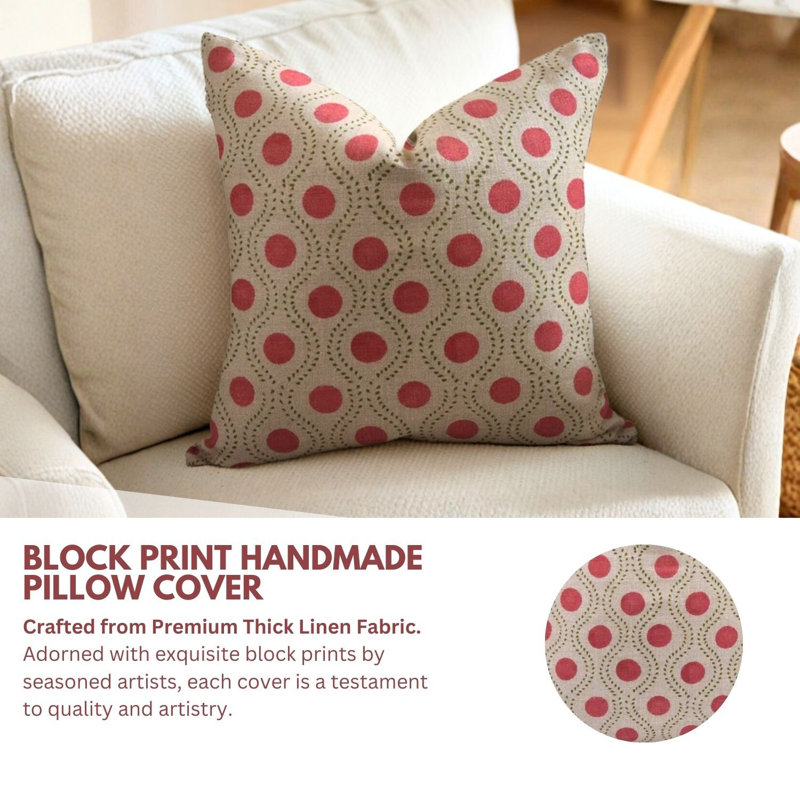 Block Print Throw Pillow Cover, 26 Thick Linen Decorative Cushion Cover, 14" x 14"