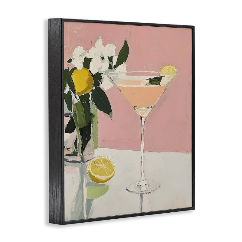 Giclée encadrée rose cocktail avec citrons, design par Riley B, H 20 po x l 16 po, Giclée encadrée noir minuit