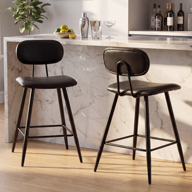 Tabouret de bar et de comptoir 26,75 po en cuir avec grand siège et dossier, Noir, noir, noir, noir