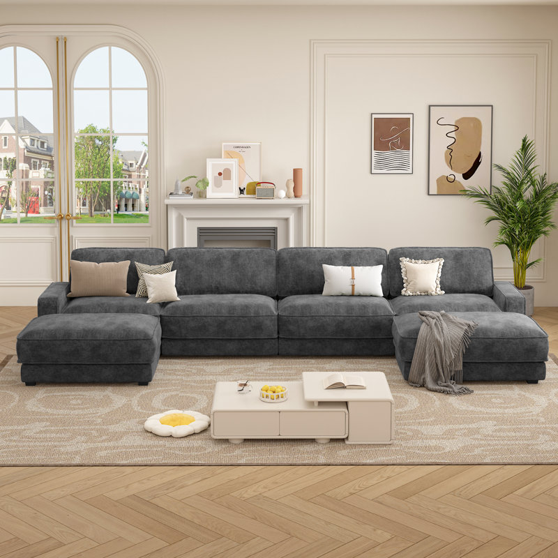 158.8" Chenille 4-Seat U-Shaped Modular Sofa, Removable & Washable Covers, 72H Compression Recovery, 9.25" Thick Cushions, Soft & Skin-Friendly Upholstery - Ideal For Living Room, Office, Hotel Lobby, Apartment & Villa