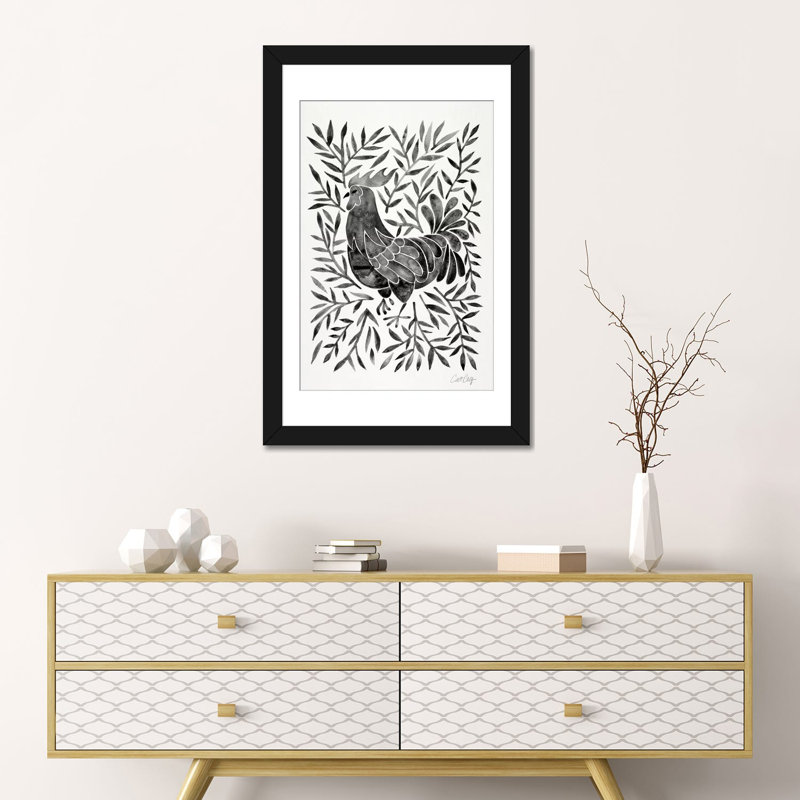 Strickler Black Rooster, H 24 po x l 16 po x P 1 po, Papier beaux-arts encadré noir, Blanc