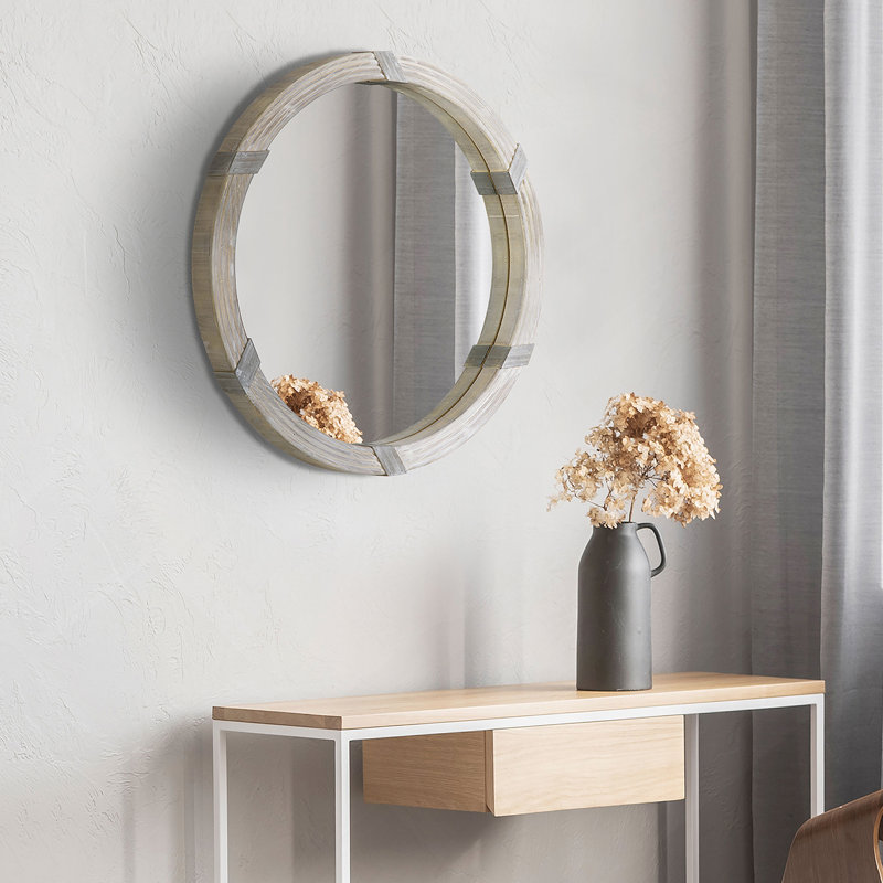 30.75" Wood Wall Mirror, Farmhouse Decorative e Round Mirror for Wall Decor