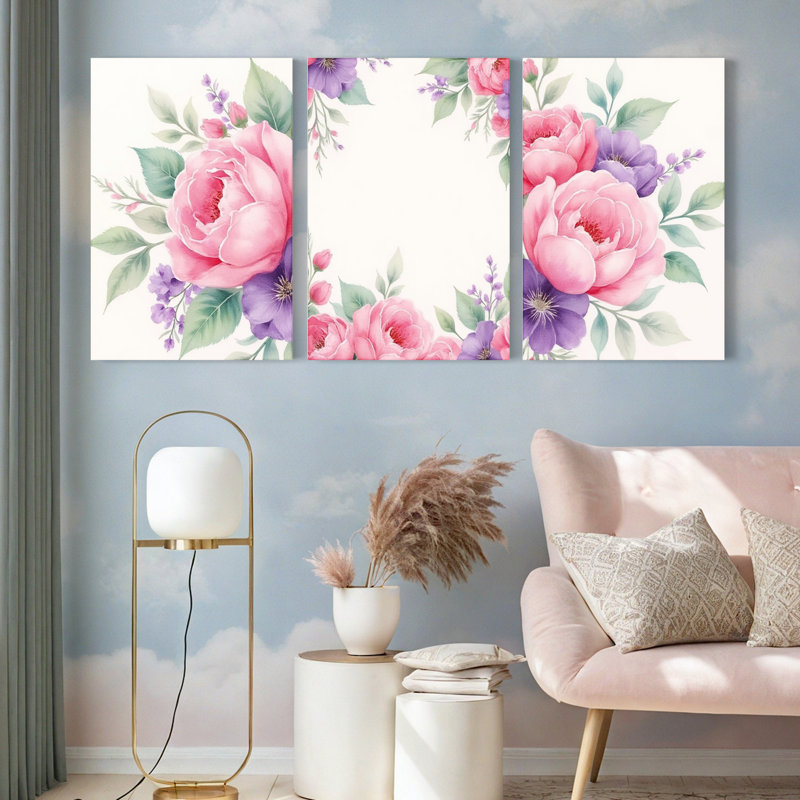Reproduction d'art sur toile tendue à motif floral rose, ensemble de 3, H 30 po x l 60 po