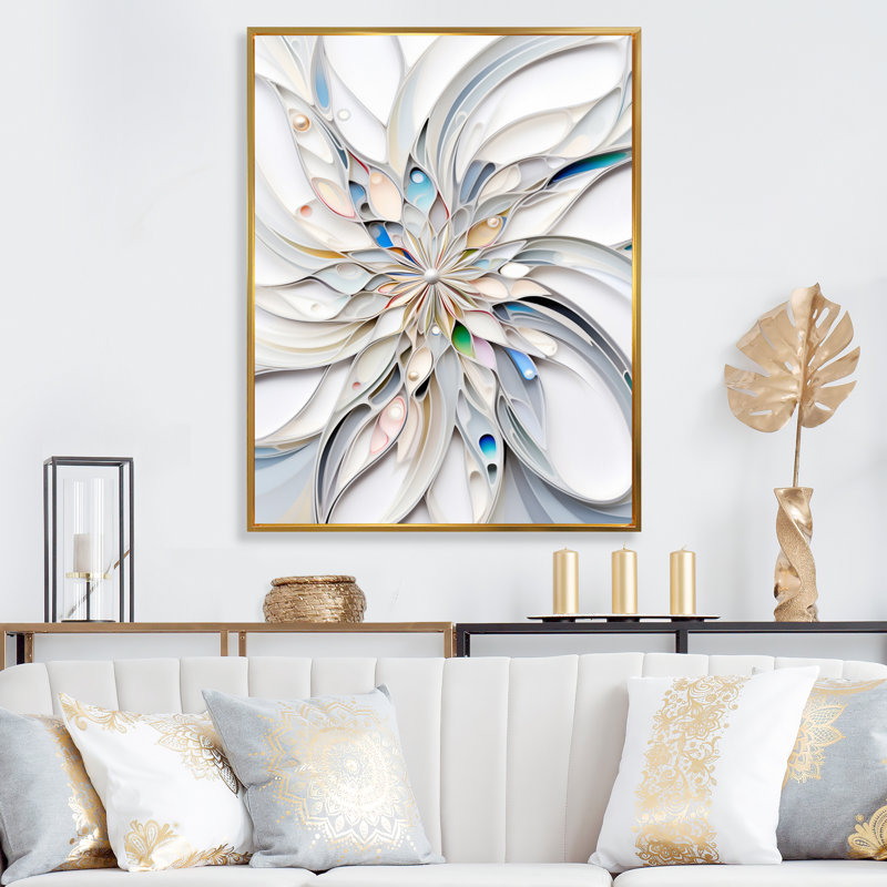«White Cosmic Flowers I», reproduction sur toile, H 20 po x l 12 po x P 1 po, Cadre flottant doré