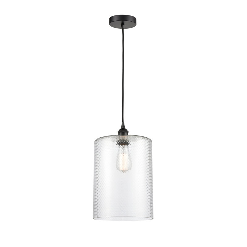 Luminaire suspendu tambour simple à 1 lumière Malcolm, H 15,75 po x l 9 po x P 9 po, Transparent, Noir mat