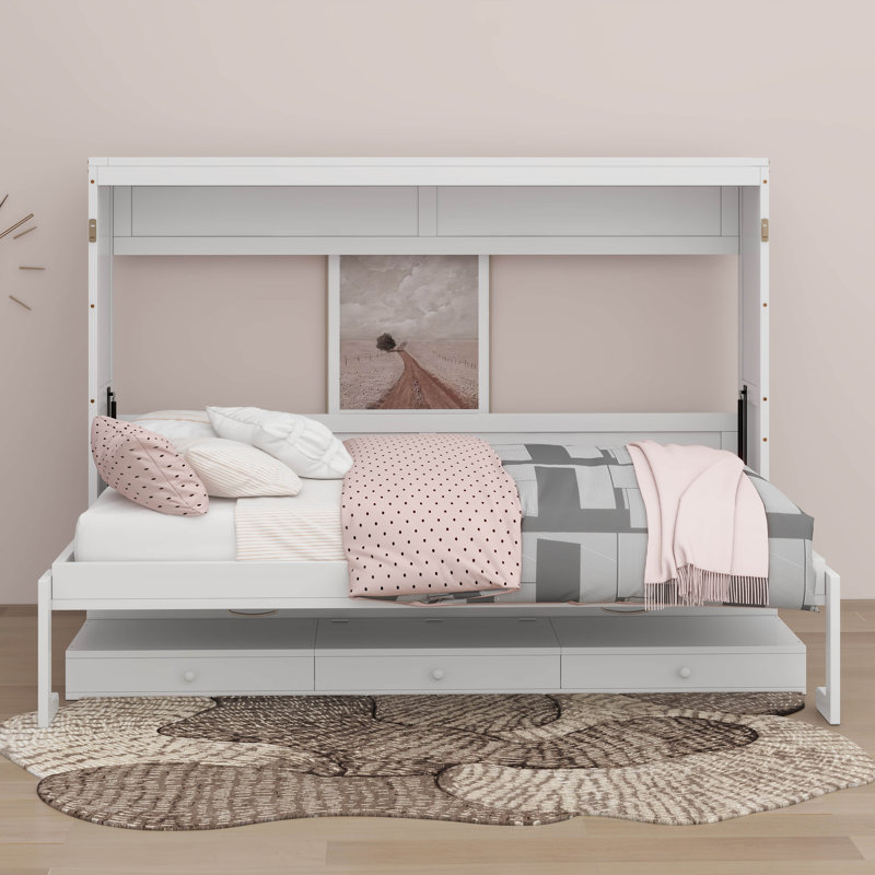 Grand lit escamotable horizontal avec bureau, lit escamotable mural avec miroir de coiffeuse et tiroirs de rangement, Blanc