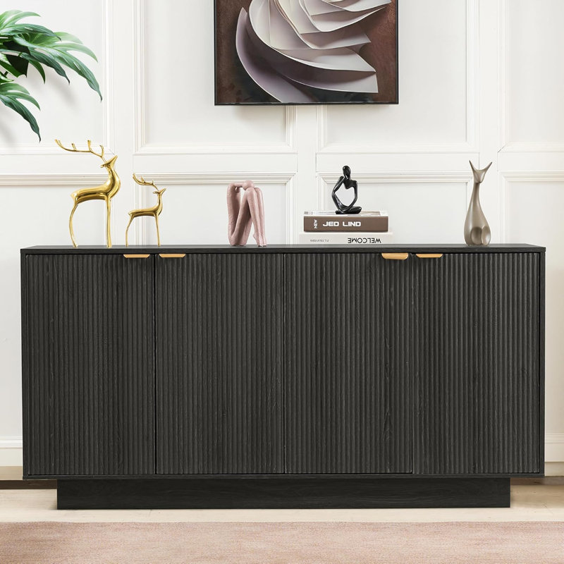 63''Large Fluted Sideboard Buffet Cabinet, Modern Buffet Table Coffee Bar Wine Bar Storage Cabinet, Dark Oak