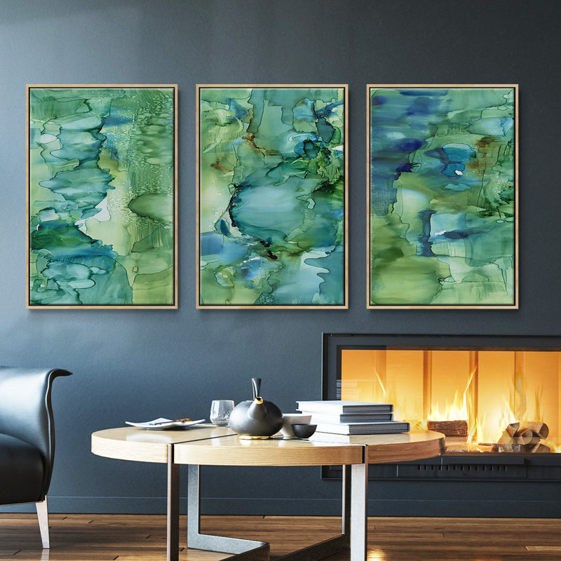 " Cool Forever I " 3 Piece Art Set, Natural Floater Frame, 40" H x 78" W