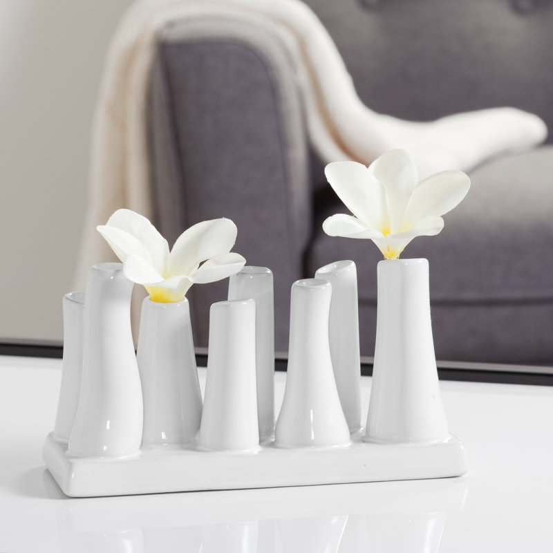 Rectangular Ceramic 8-Tube Multi Bud Table Vase, White