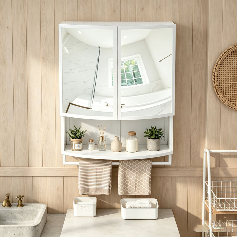 Armoire moderne en verre arqué 23,62 "à deux portes avec miroir incassable non vitré - rangement double couche, tablette ouverte et porte-serviettes