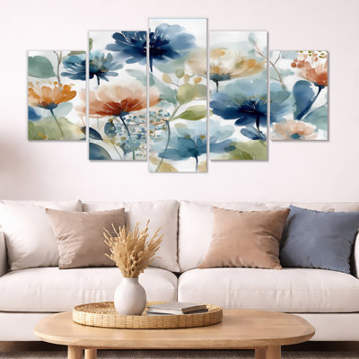 Aquarelle, bleu et orange, champs de fleurs sauvages en France - fleurs sauvages, art mural bleu, 5 pièces