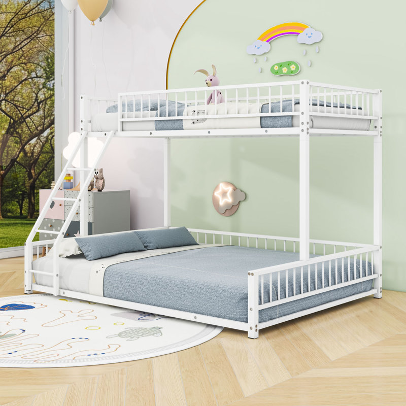 Metal Bunk Bed With Ladder And Guardrails, Twin XL over Queen, White