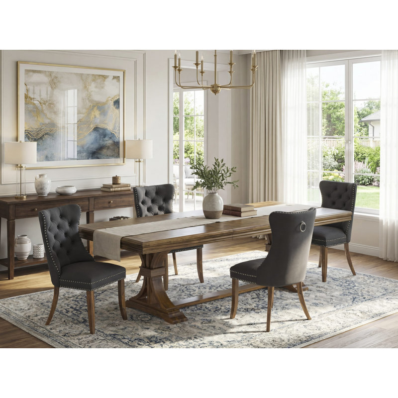 L'ensemble de table de cuisine 5 pièces se compose d'une table de salle à manger moderne et de 4 chaises de salle à manger en tissu de polyester gris foncé avec dossier capitonné - Finition noyer antique