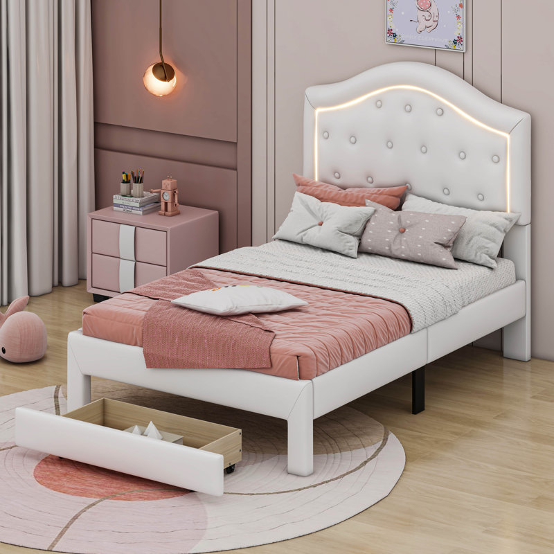 Lit plateforme tapissier avec tête de lit capitonnée, DEL et 2 tiroirs, Lit simple, Blanc