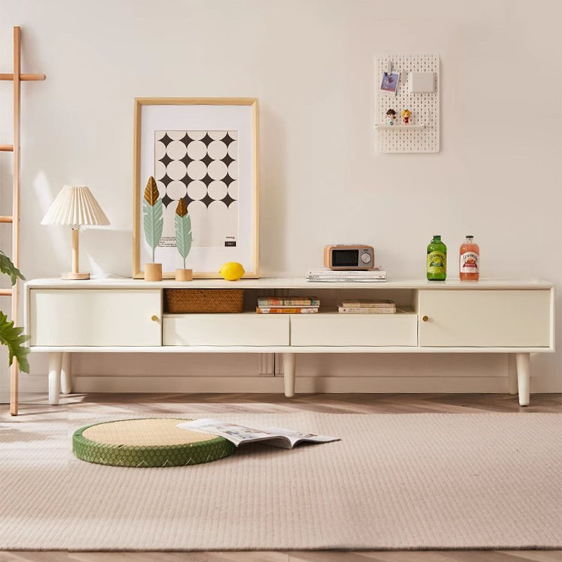 Meuble télé beige en bois massif, H 16,34 po x L 62,99 po x l 11,81 po