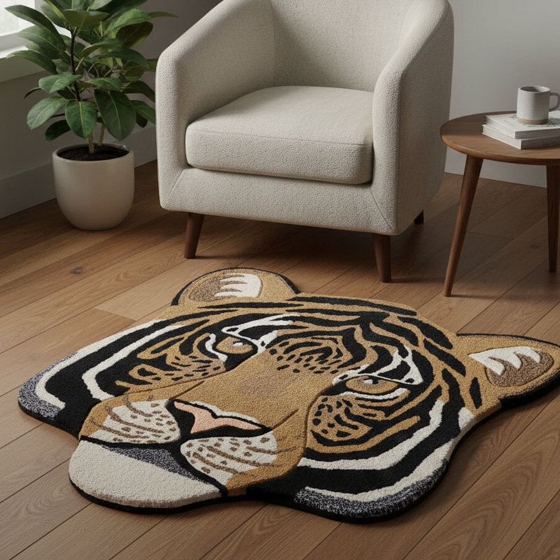 Feline Majesty Hand-Tufted Tiger Head Accent Rug