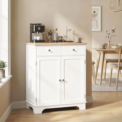 26.75" Wide Kitchen Storage Sideboard with Solid Wood Top, Adjustable Shelves and 2 Drawers - White