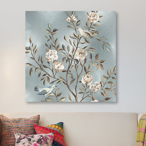 «Chinoiserie In Silver I» par Renee Campbell - Estampe numérique sur toile tendue avec châssis, H 12 po x l 12 po x P 1,5 po