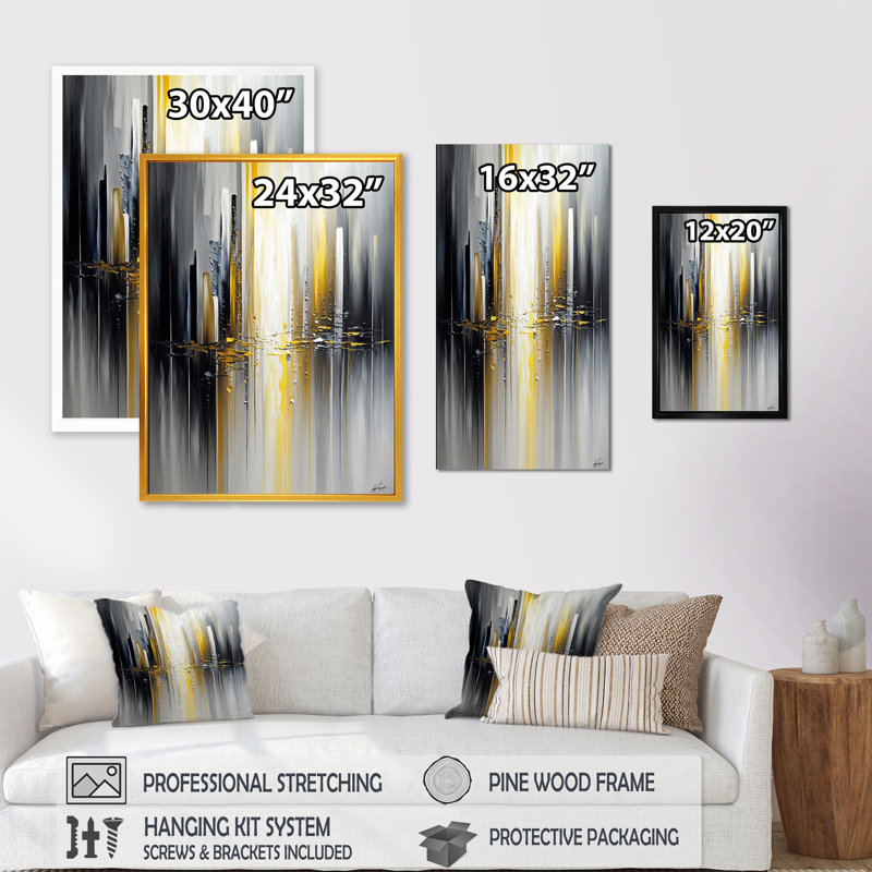 Abstrait géométrique noir et jaune II - Art mural encadré abstrait géométrique, H 32 po x l 24 po x P 1 po