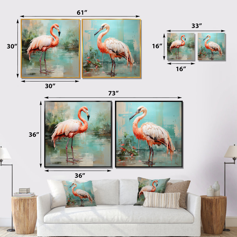 Pink And Green Flamingo Elegance I - Flamingo Canvas Prints Set Of 2, 16" H x 33" W x 1" D, Wrapped Canvas