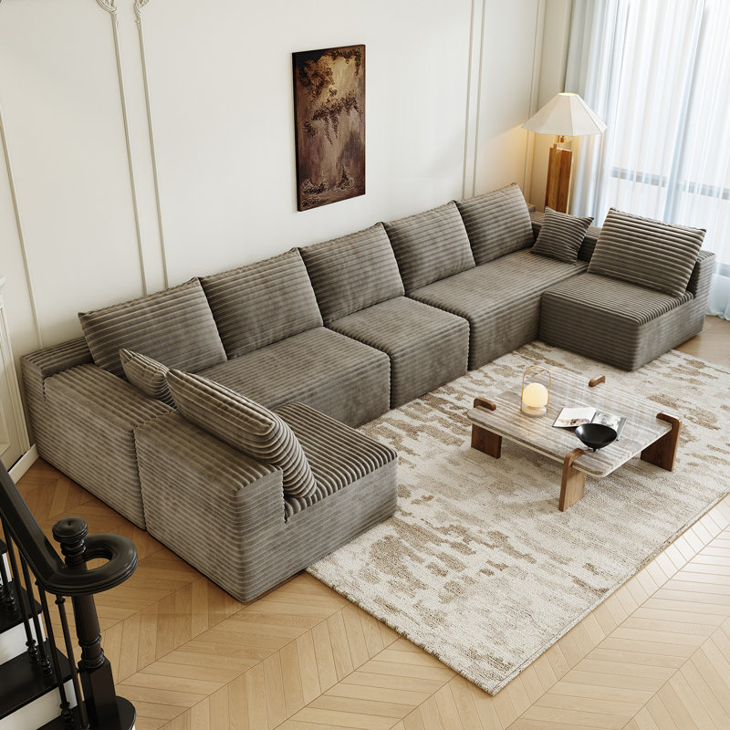 168.5" Modular Sectional Sofa, Oversized U-Shaped Minimalist Couches with 3 Middle Seats  Chaise, Modern Deep Seat Convertible Sleeper Sofa, Cloud Plush Corduroy Fabric,7 Seater
