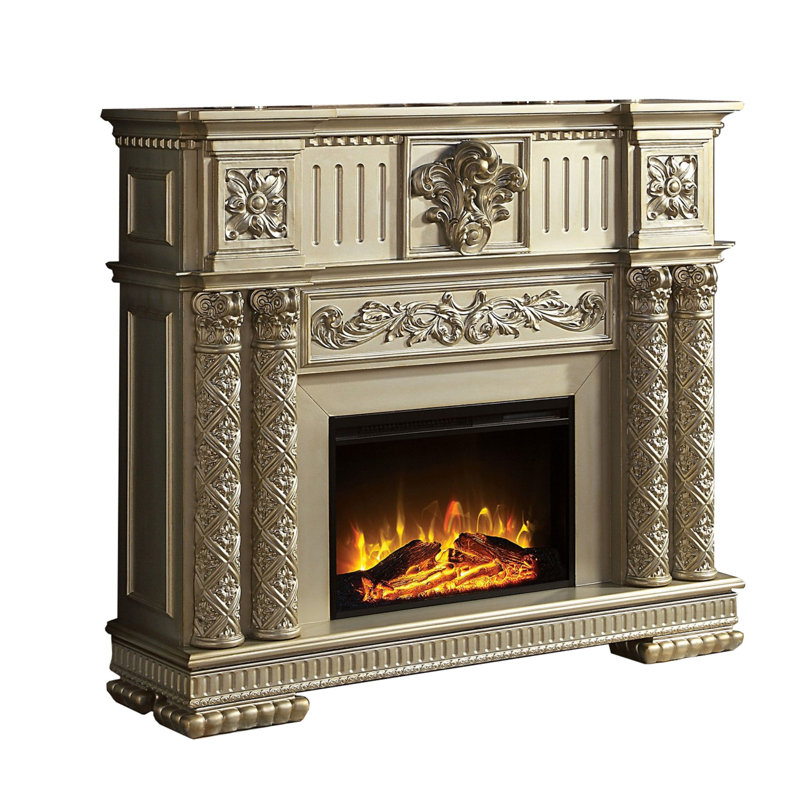 59 Inch Classical Electric Fireplace, Carved, Remote, Gold