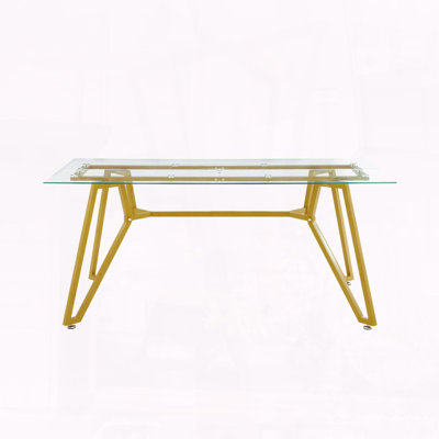 70.9" Rectangular Tempered Glass Dining Table with Gold Metal Legs and Table Runner