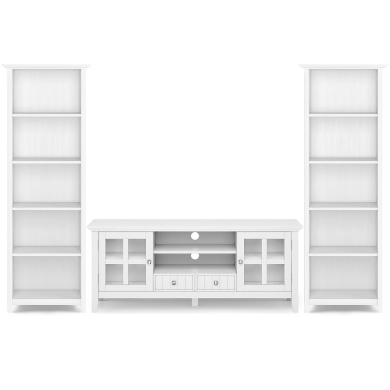 Acadian Solid Wood Transitional 60 Inch Wide Tv Stand With Two 26 Inch Wide 5 Shelf Bookcases In White (set Of 3), White