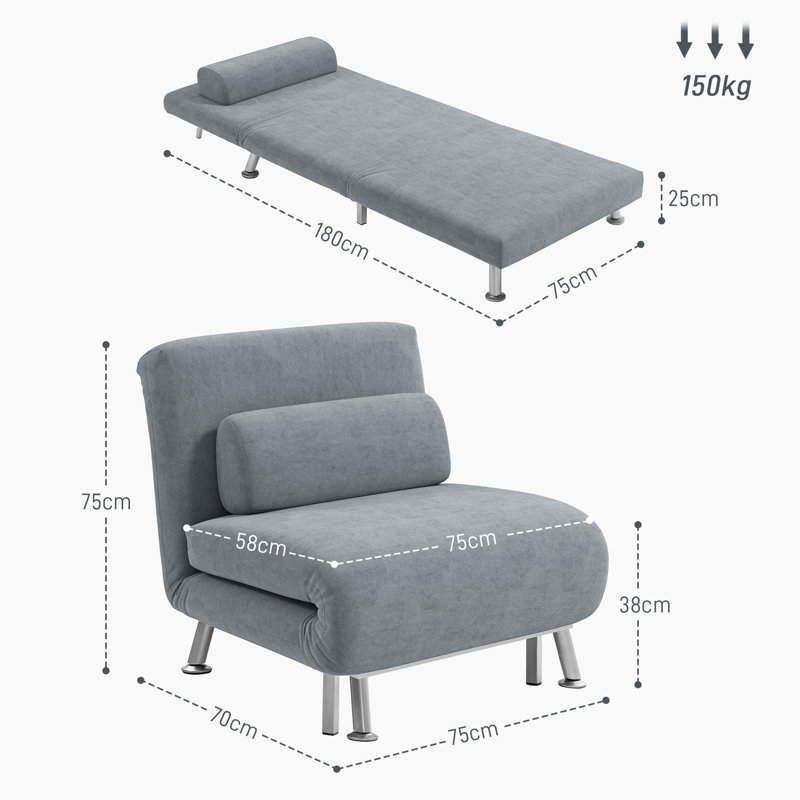 Romig Single 75cm Upholstered Convertible Sofa, Grey