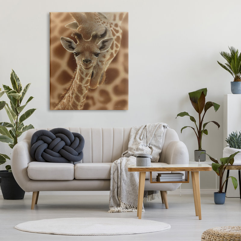 32_, "Girafe de bébé avec mère, motif de safari sur toile tendue" par Collin Bogle, H 48 po x l 36 po, Plaque de bois