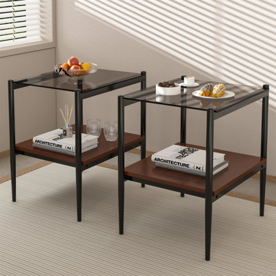 Ensemble de 2 tables de bout rectangulaires, plateau en verre trempé avec panneau de fibres à densité moyenne, table moderne pour le salon, verre gris