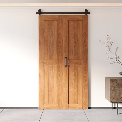 Homacer 80“ High Unassembled & Finished Early American Barn Door, Two 20" x 80" Doors with Bi-Fold Top Mount Hardware Kit