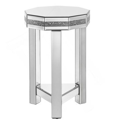 Table de bout à miroir en octogone avec incrustation de cristaux, petit canapé moderne à 2 niveaux avec rangement, table d'appoint décorative argentée pour le salon, la chambre à coucher, le café et les petits espaces l 13,8 po x P 13,8 po x H 21 po