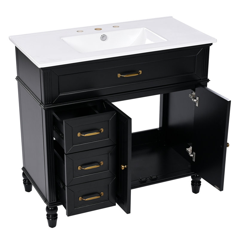Meuble-lavabo 36 po avec lavabo, armoire de salle de bain noire avec tiroirs, cadre solide et panneau de fibres à densité moyenne, un paquet